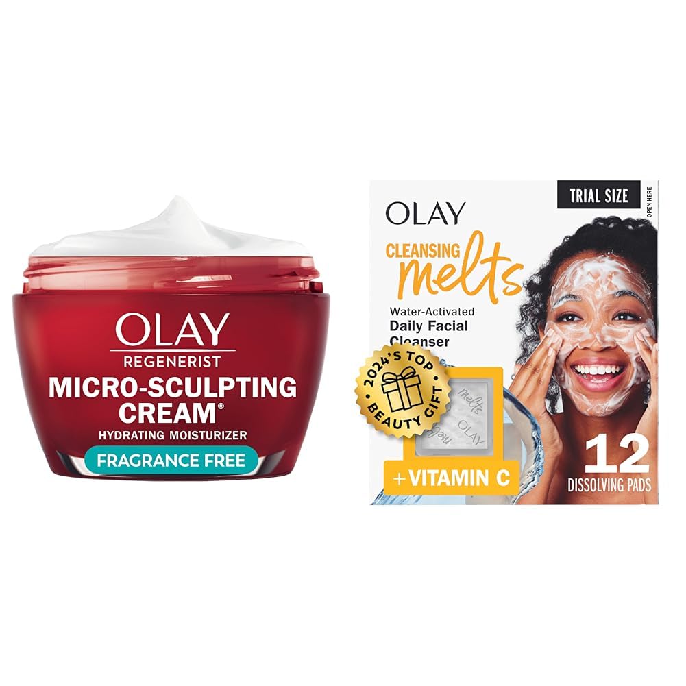 Olay Micro-Sculpting Cream, Fragrance-Free (1.7 oz) + Cleansing Melts Vitamin C Face Cleanser (12 ct) - Face Moisturizer for Women, Anti-Wrinkle, Firming Skin Care & Water-Activated Face Wash-FemmiqueWomen