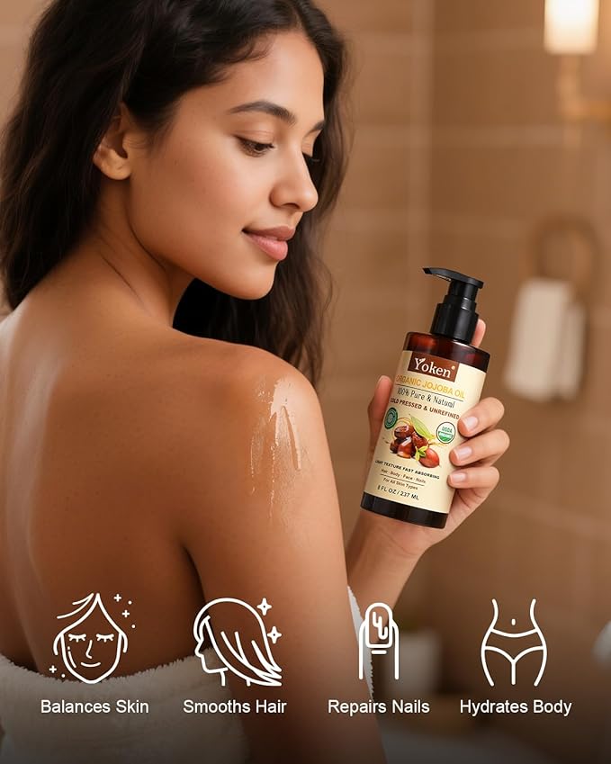 Yoken USDA Organic Jojoba Oil Cold Pressed 8 fl oz, 100% Pure & Natural Unrefined Jojoba Oil for Face Hair & Skin Massage, Hexane Free, Deeply Moisturizing Body Carrier oils Multi-Purpose Serum-FemmiqueWomen