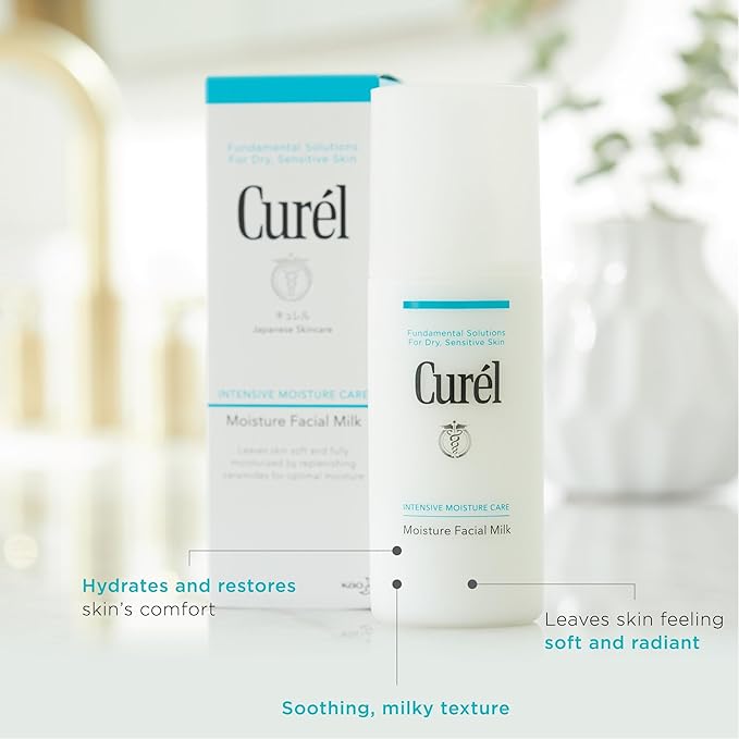 Curel Japanese Skin Care Moisture Facial Milk Moisturizer, Daily Face Lotion for Dry Sensitive Skin, pH Balanced, Unscented Advanced Ceramide Care Face Cream without Drying Alcohols, 4 oz-FemmiqueWomen