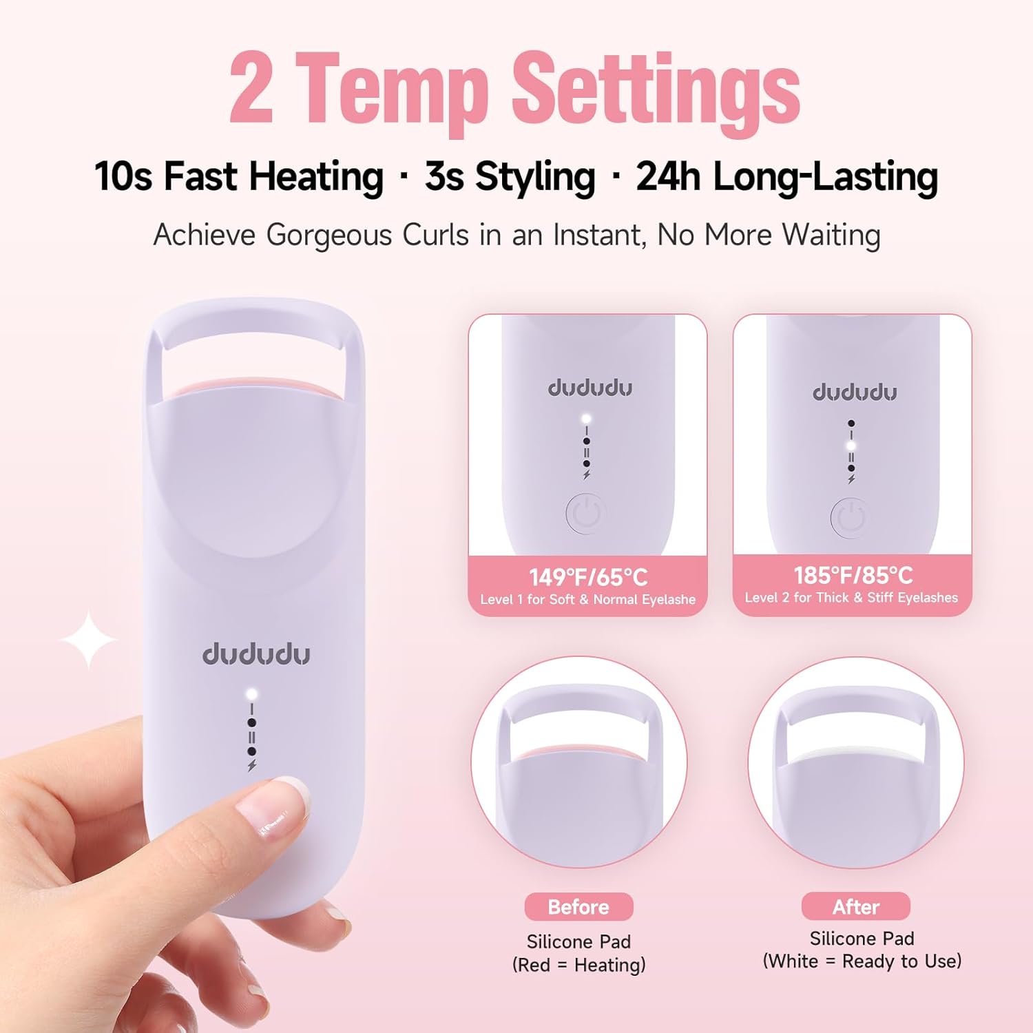 DUDUDU Heated Eyelash Curler, Portable Travel-Size Mini Electric Heated Lash Curler - 2-Level Adjustable Temp & Type-C Recharge, 10S Heat 3S Style 24H Lift for Long-Lasting Natural Effortless Curves-FemmiqueWomen