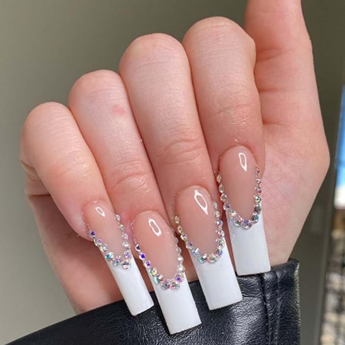 Long Coffin False Nails White French Press on Nails Crystal Gem Design Nails Tips Acrylic Cute Fake Nails for Women and Girls 24Pcs