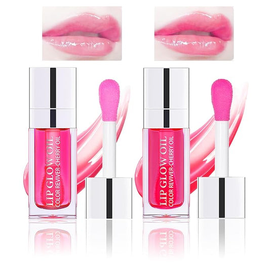 2PCS Lip Oil Set, Hydrating Lip Glow Oil Lip Plumper Gloss, Tinted Lip Oils Transparent Long Lasting Non-sticky Lip Gloss, Plumping Lip Gloss Lip Care Kit (Raspberry & Cherry)-FemmiqueWomen