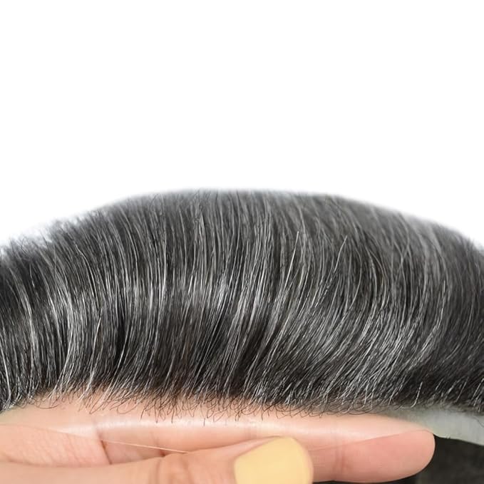 FACE MIRACLE Toupee for Men French Lace Hairpiece Human Hair Replacement System Skin PU Mens Toupee Hair Wigs for Man V-Looped Front Hair Prosthesis 8"X10" #1B50 1B# OFF BLACK WITH 50% SYNTHETIC GREY