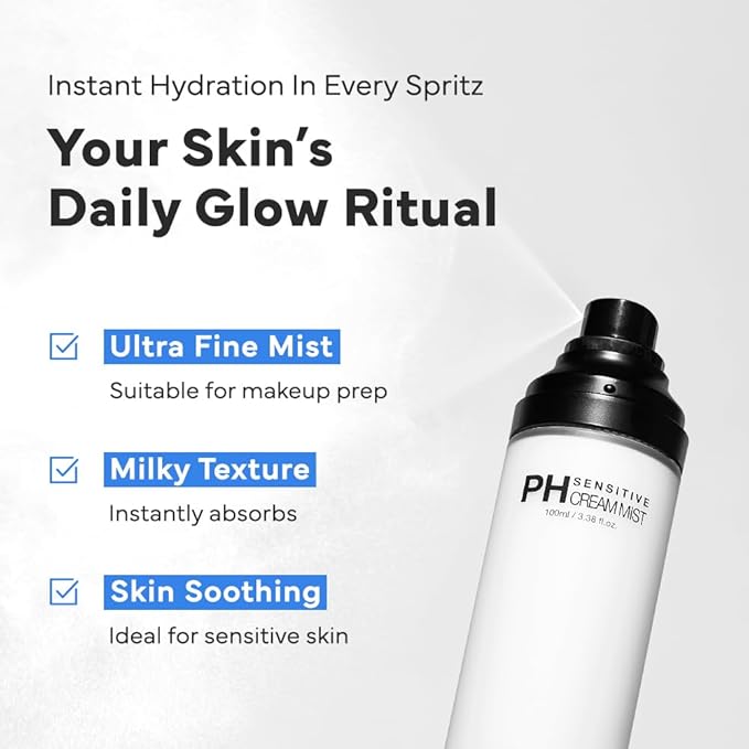 SAM'U PH Sensitive Cream Mist, Ceramide Face Mist, Hypoallergenic Facial Spray with Hyaluronic Acid & Centella, Hydrating & Quick Absorbing, Korean Skin Care for Dry & Sensitive Skin, 3.38 Fl. Oz-FemmiqueWomen