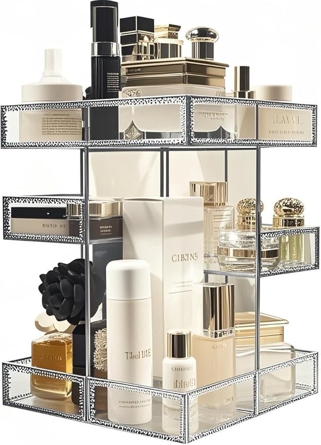 Hersoo 360 Degree Rotation Cosmetic Organizer -Premium Makeup Storage with Spin Base,Antique Countertop Cosmetic Storage,Large Capacity,Beauty Display for Countertop,Vanity or Bathroom (silver)-FemmiqueWomen