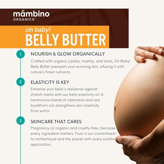 Mambino Organics Oh Baby! Belly Butter – Organic Stretch Mark Cream for Pregnancy with Dutch Shea & Cocoa Butter – Vitamins, Omegas for Elasticity – Vegan Cruelty-Free Maternity Care, 4 fl oz-FemmiqueWomen