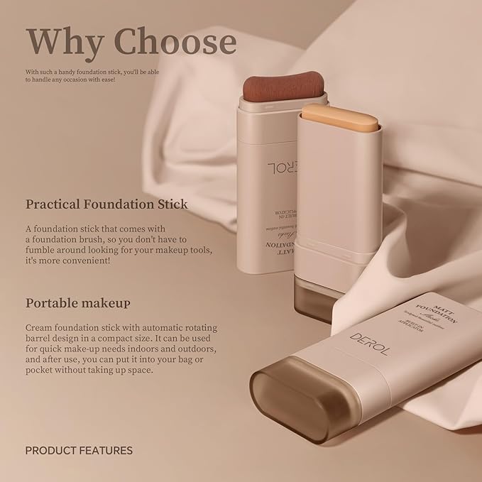 Foundation Stick, Multi-Use Foundation Stick Makeup with Built-In Foundation Brush, Lightweight Buildable Medium-to-Full Coverage, Longwear Contour Stick Foundation Face Stick, Natural Finish-FemmiqueWomen