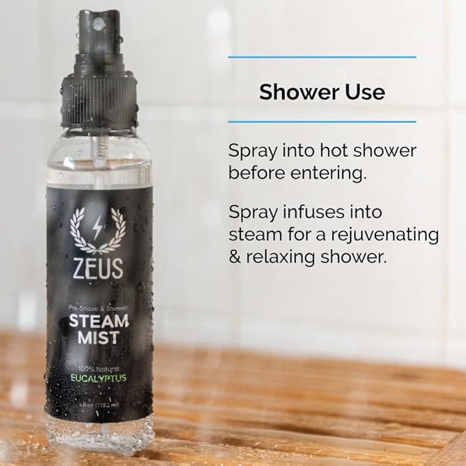 ZEUS 100% Natural Eucalyptus Oil Steam Mist, Aromatherapy Spray for Shower, Sauna, Bath & Pre-Shave, Nasal Relief & Spa-Inspired Refreshment (Made in USA) 4 oz.-FemmiqueWomen