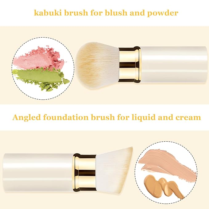 Makeup Brush, Retractable 2 Pack Travel Kabuki Powder Makeup Brush, Foundation Face Blush Brushes for Blending Liquid, Blush, Bronzer, Buffing, Sunscreen,Flawless Cosmetics-FemmiqueWomen