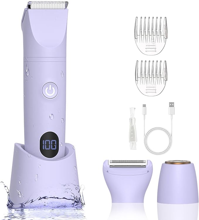 3-in-1 Bikini Trimmer for Women, IPX7 Waterproof Electric Shaver for Women-Rechargeable Electric Razors for Pubic, Facial & Body Hair Trimmer with LED Display, Travel Kit & Painless Blades (Purple)-FemmiqueWomen