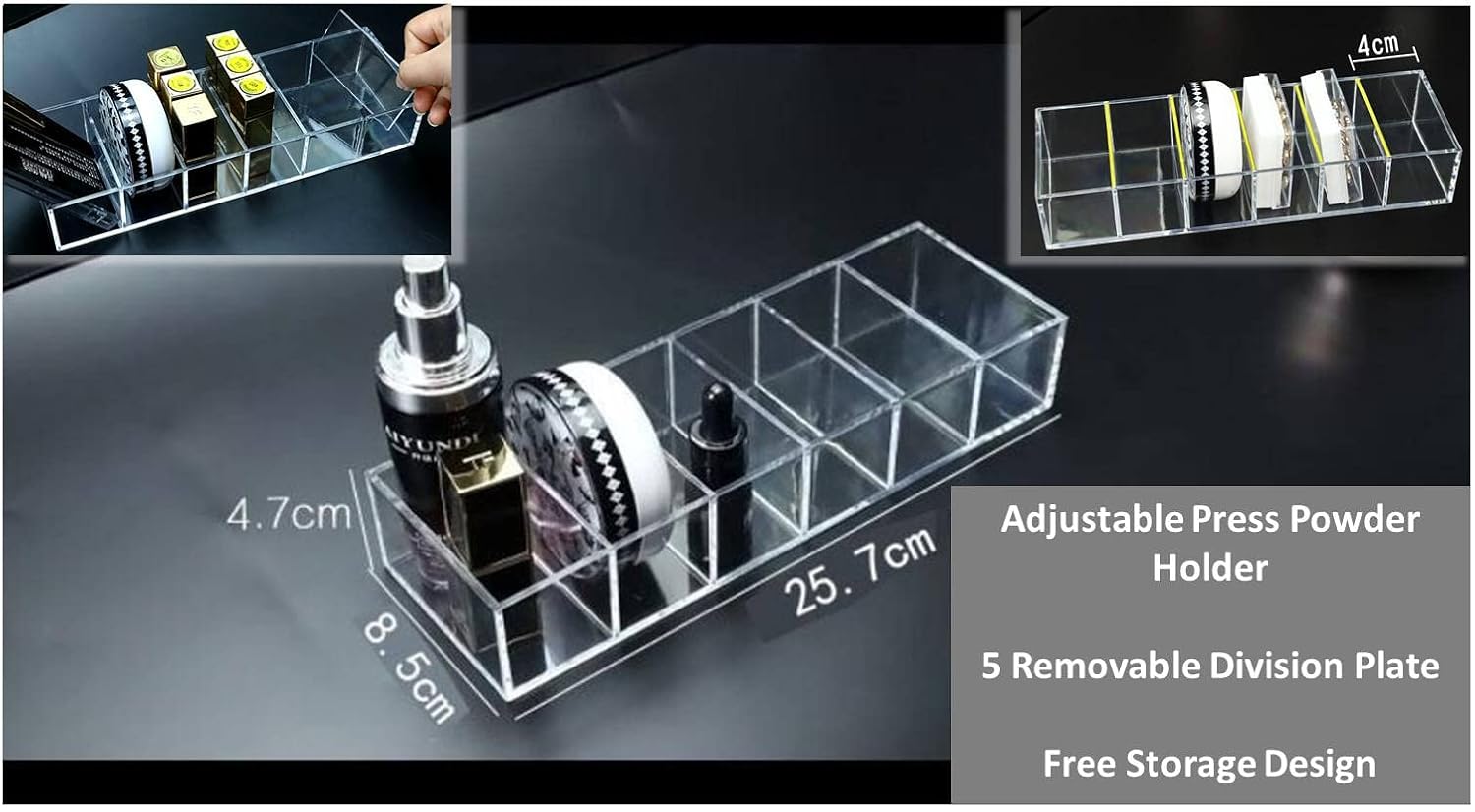 Acrylic Makeup Organizer Cosmetic Storage Makeup Display Case Lipstick Holder Dispenser Adjustable Canister Bathroom Container (10 x 3.4 x 1.9 inches, 6 Partitions, Transparent)-FemmiqueWomen