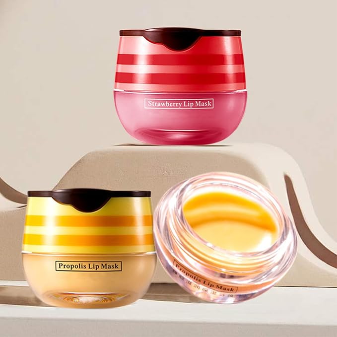 2 PCS Lip Balm Honey Pot, Honey & Strawberry Lip Sleeping Mask Vitamin E & Moisturizing Propolis Lip Balm with Stick, Prevention Dry and Cracked Lip Scrubs Exfoliator Lip Wrinkle-FemmiqueWomen