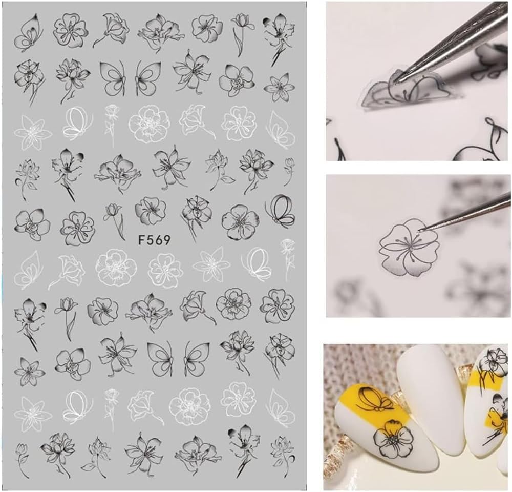 10 Sheets Black White Leaves Flower Nail Art Stickers 3D Self-Adhesive Retro Floral Vine Pattern Nail Decals Tropical Plants Mandala Leaf Geometry Transfer Decals Nail Art Decorations for Women Girls-FemmiqueWomen