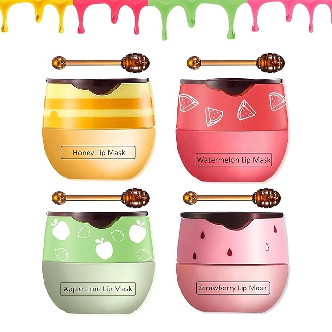 4 PCS Bee Lip Balm Honey Pot,Strawberry&Honey&Watermelon&Apple Lime Lip Sleeping Mask,Hydrating Prevention Dry and Cracked Lip Scrubs Exfoliator Lip Care,Moisturizing Lip Mask Overnight-FemmiqueWomen