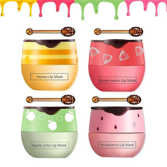 4 PCS Bee Lip Balm Honey Pot,Strawberry&Honey&Watermelon&Apple Lime Lip Sleeping Mask,Hydrating Prevention Dry and Cracked Lip Scrubs Exfoliator Lip Care,Moisturizing Lip Mask Overnight-FemmiqueWomen