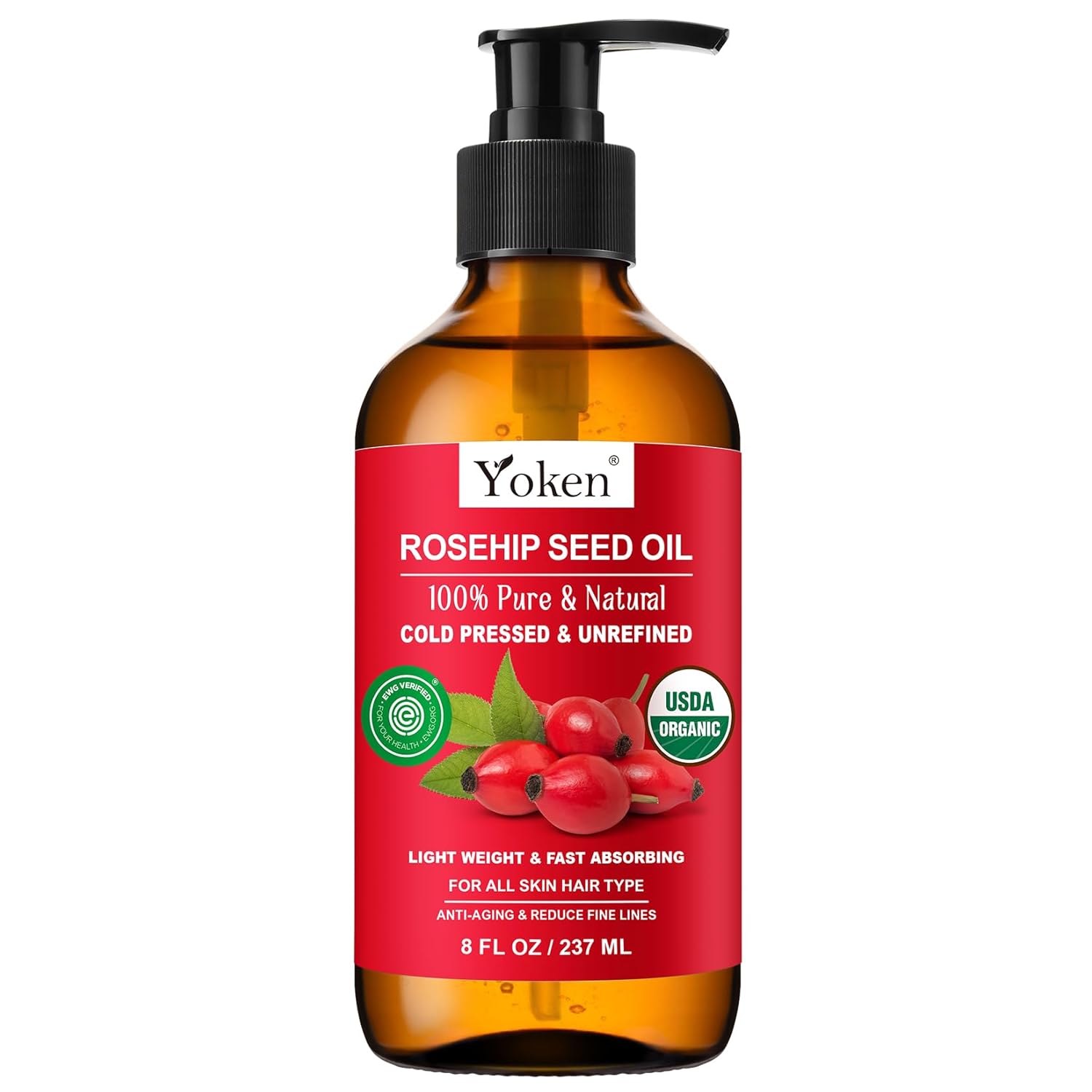 Yoken Rosehip Seed Oil Organic, USDA Certified 100% Pure Rosehip Oils for Face, Hair & Body, 8 fl oz Cold Pressed Rose Hip oil for Skin Moisturizing, Scar Fading, Gua Sha, Massage, Carrier Oil DIY-FemmiqueWomen