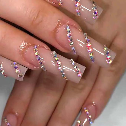 Long Coffin Press on Nails Glitter Fake Nails Full Cover Nails Tips Nude Crystal Gem Design False Nails for Women and Girls 24Pcs