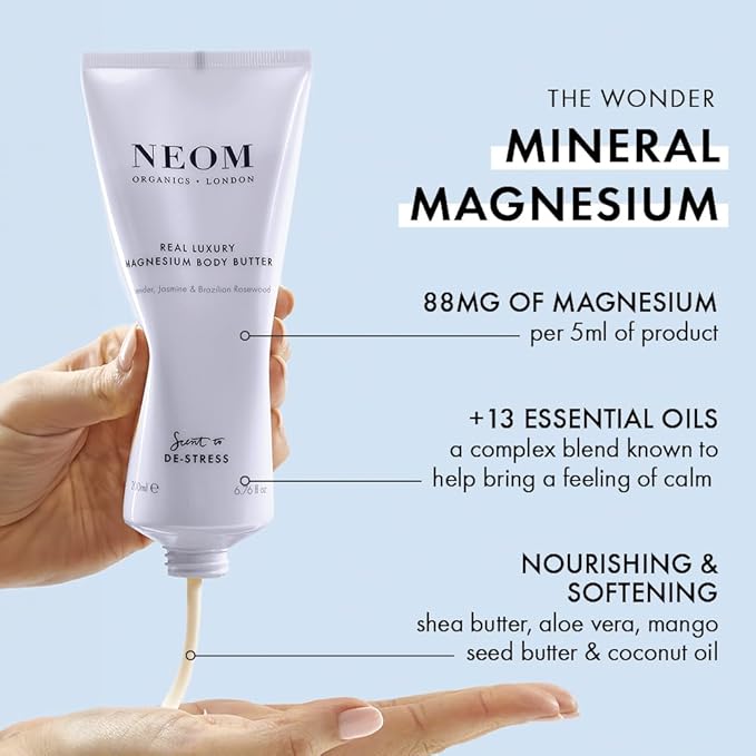 Neom - Magnesium Body Butter | 6.76 Fl Oz (200ml) | Lavender, Sandalwood & Jasmine | Calming Lotion with Essential Oils | 100% Natural Fragrances | Nourish & Soften | Signature De-Stress Scent-FemmiqueWomen