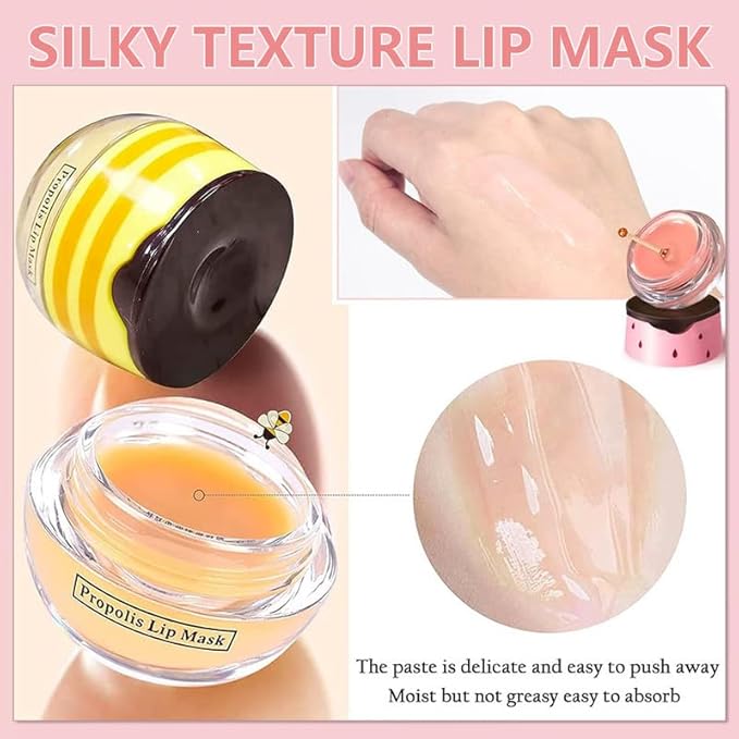 3PCS Bee Lip Balm Honey Pot,Honey&Apple Lime Lip Mask Overnight Moisturizing Lip Balm,Hydrating Prevention Dry and Cracked Reduces Lip Lines Lip Sleeping Mask (Honey+Strawberry+Apple Lime)-FemmiqueWomen