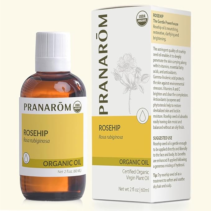 Pranarom - USDA Certified Organic Cold-Pressed Rosehip Virgin Plant Oil - 2 fl oz Glass Bottle - for Anti-Aging, Helps Acne Scar, Massaging, Face, Hair & Skin, Unisex-FemmiqueWomen