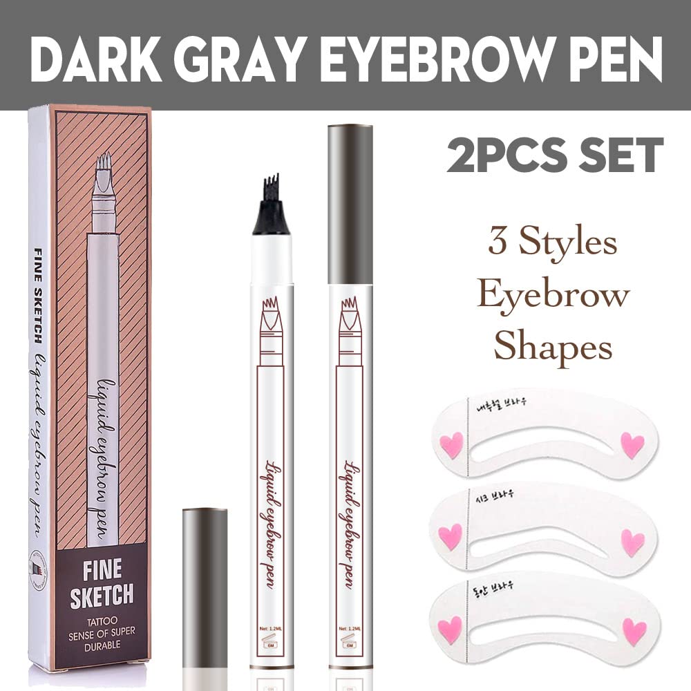 2 Pcs/Set Eyebrow Ink Pencil by Brow Stylist -Micro 4 Point Brow Pen Lift & Snatch Eyebrow Pen Kits with 3 Eyebrow Stencil Long-Lasting Waterproof Natural Eyebrow Hair (3# dark grey)-FemmiqueWomen
