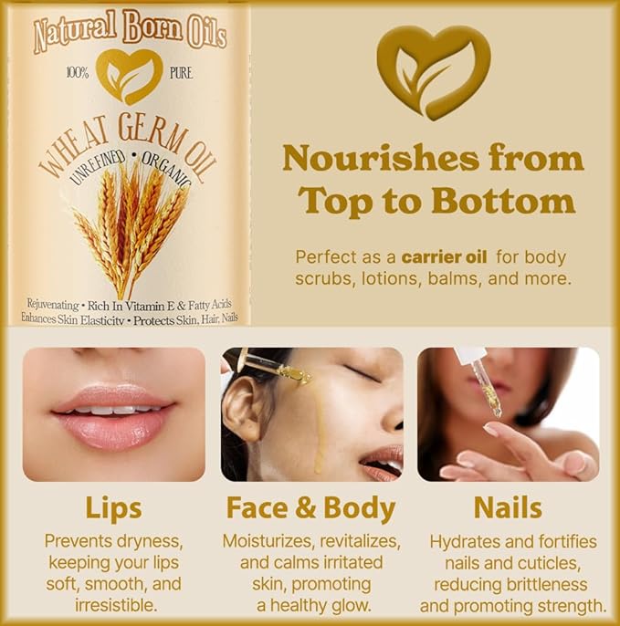Natural Born Oils Wheat Germ Oil. 4oz. 100% Pure, Natural, Organic, Cold-pressed, Unrefined, Rejuvenating, Rich in Vitamin E. Moisturizer for Skin Hair-FemmiqueWomen