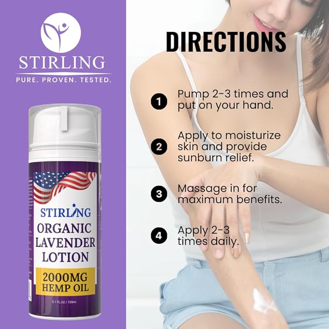 STIRLING Lavender Lotion – Organic Lavender with 2000mg Hemp Oil, Aloe Vera, and Vitamin E – Nourishing and Moisturizing Body Lotion for a Soft and Smooth Feel-FemmiqueWomen