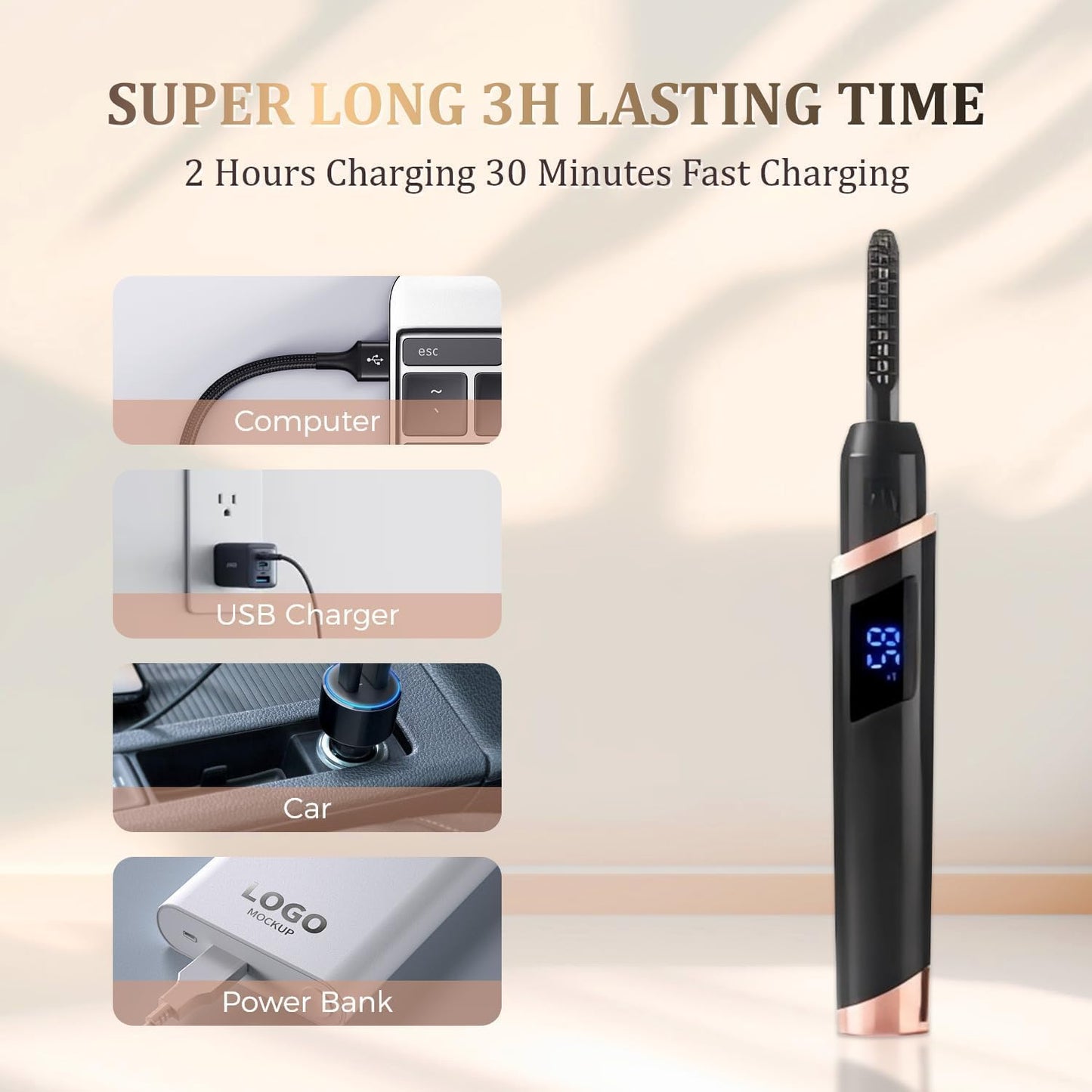 Heated Eyelash Curlers - Rechargeable Electric Eyelash Curler with 4 Heat Settings,Long-Lasting Curling Tool Includes Eyelash Brush,LED Display,Best for Women's Makeup (Black)-FemmiqueWomen