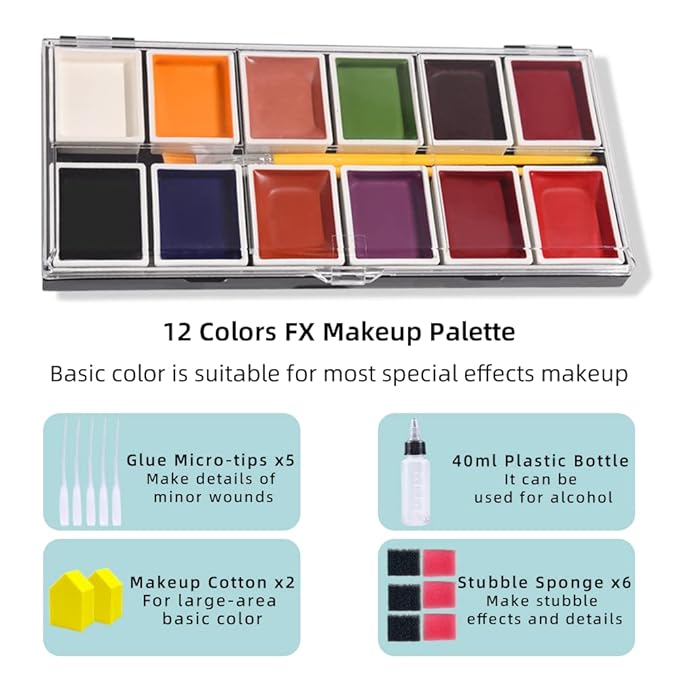 12 Colors Alcohol Activated Makeup Palette Set with Mimic Wound Sponge Makeup Egg for SFX Makeup Halloween Makeup-FemmiqueWomen