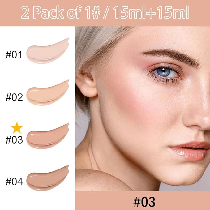 2 Pack Liquid Foundation Cream with Foundation Brush for Face Makeup,Durable Full Coverage Matte Concealer Make Up,Oil Control & Waterproof Base Primer -1 Fl.Oz (#03)-FemmiqueWomen