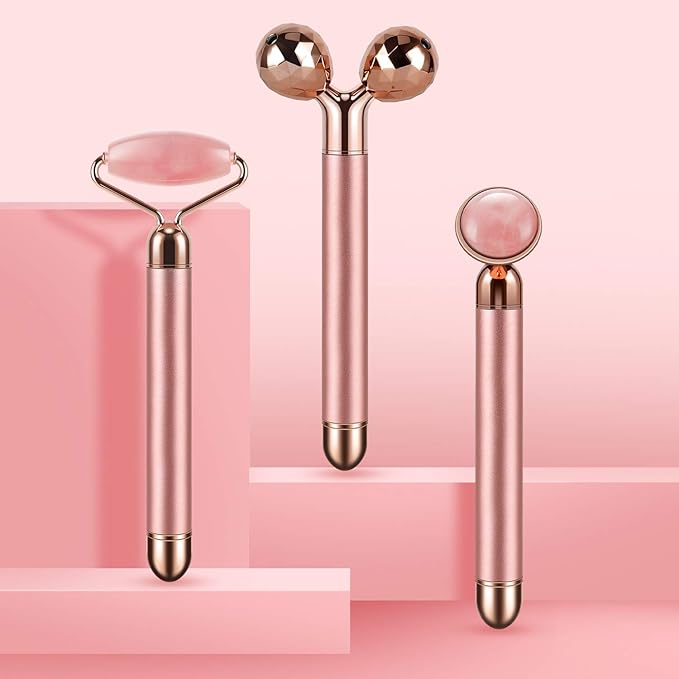 3-IN-1 Electric Jade Roller 3D Roller Facial Roller & Face Massager, Rose Quartz-FemmiqueWomen