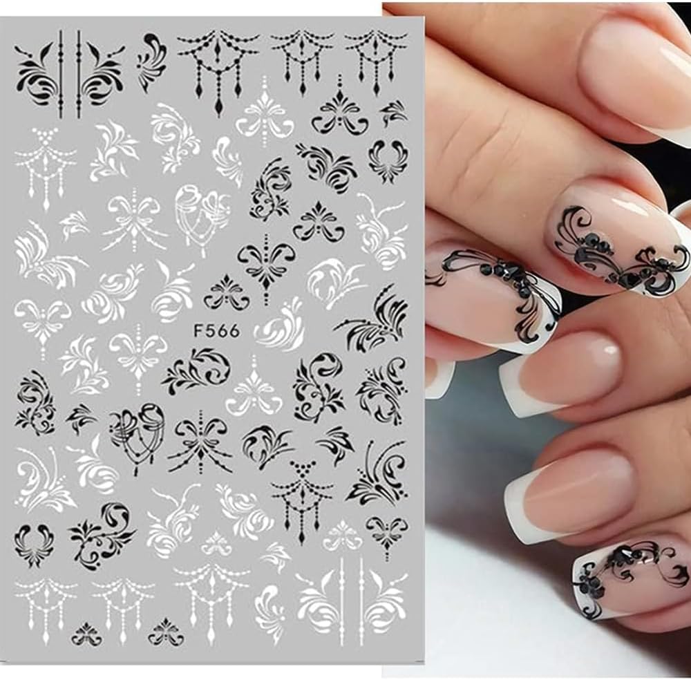 10 Sheets Black White Leaves Flower Nail Art Stickers 3D Self-Adhesive Retro Floral Vine Pattern Nail Decals Tropical Plants Mandala Leaf Geometry Transfer Decals Nail Art Decorations for Women Girls-FemmiqueWomen
