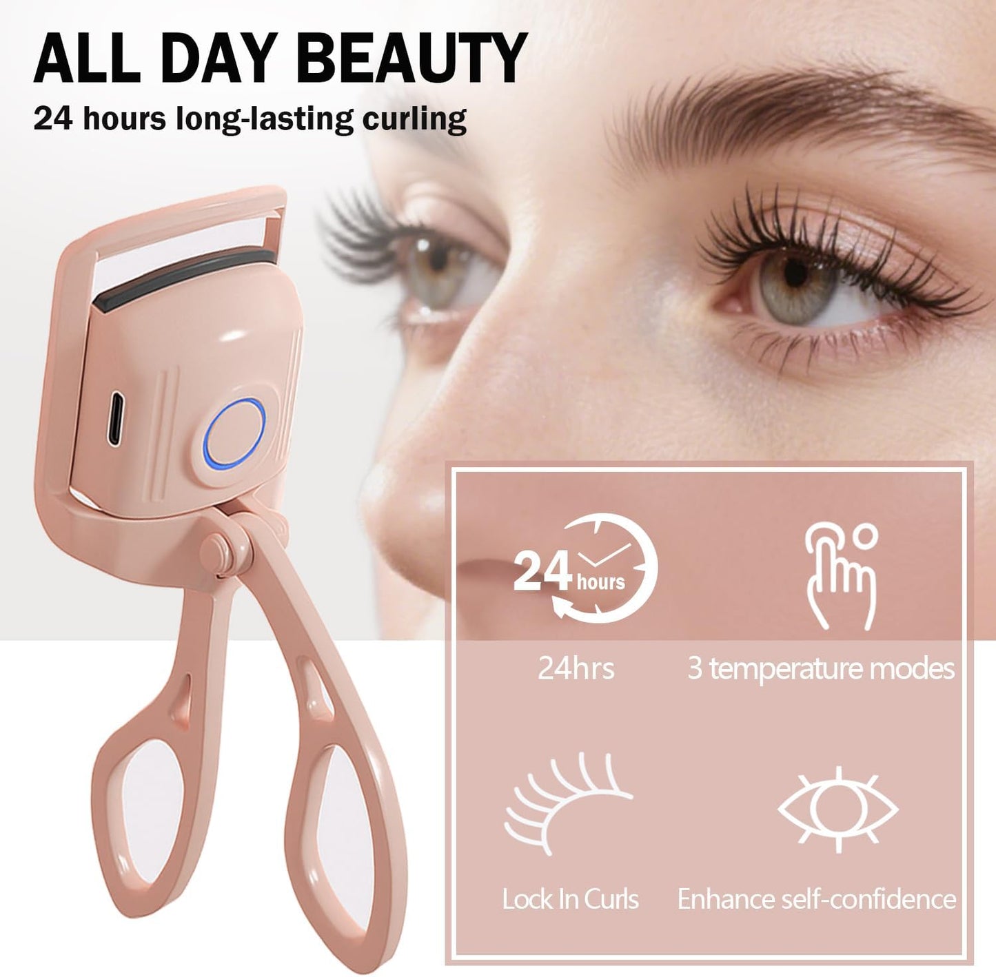 Heated Eyelash Curler, Rechargeable Electric Eyelash Curler, 3-Level Temperature Control, 24 Hour Long Lasting Curl, Suitable for All Beauty Enthusiasts-FemmiqueWomen