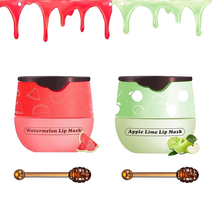 2 PCS Bee Lip Balm Honey Pot, Watermelon Apple Bee Lip Balm Sleeping Lip Mask Overnight with Sticks, Honey Pot Lip Balm Hydrating Exfoliating Prevention Dry and Crack Lip Scrubs-FemmiqueWomen