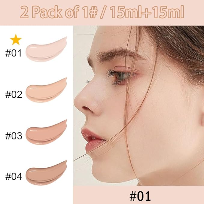 2 Pack Liquid Foundation Cream with Foundation Brush for Face Makeup,Durable Full Coverage Matte Concealer Make Up,Oil Control & Waterproof Base Primer -1 Fl.Oz (#01)-FemmiqueWomen