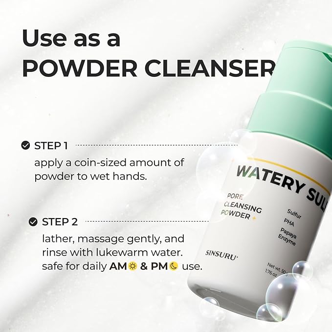 Watery Sulfur Pore Cleansing Powder, Korean Enzyme & Rice Powder & PHA Face Wash for Blackhead Removal, Sensitive and Acne-Prone Skin, Radiant Glow, Bumpy skin (1.76 oz / 50g)-FemmiqueWomen