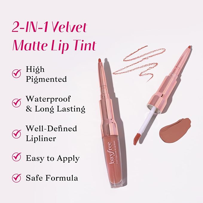 2-IN-1 Lip Liner and Lip Stain, High Pigmented Long Lasting Velvet Lip Tint, Well-Defined Lipliner, Weightless Waterproof Not Animal Tested, Matte Finish Makeup-FemmiqueWomen