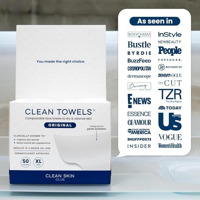 Clean Skin Club Clean Towels XL, 100% USDA Biobased Dermatologist Approved Face Towel, Disposable Clinically Tested Face Towelette, Facial Washcloth, Makeup Remover Dry Wipes, 100 ct, 2 pack-FemmiqueWomen