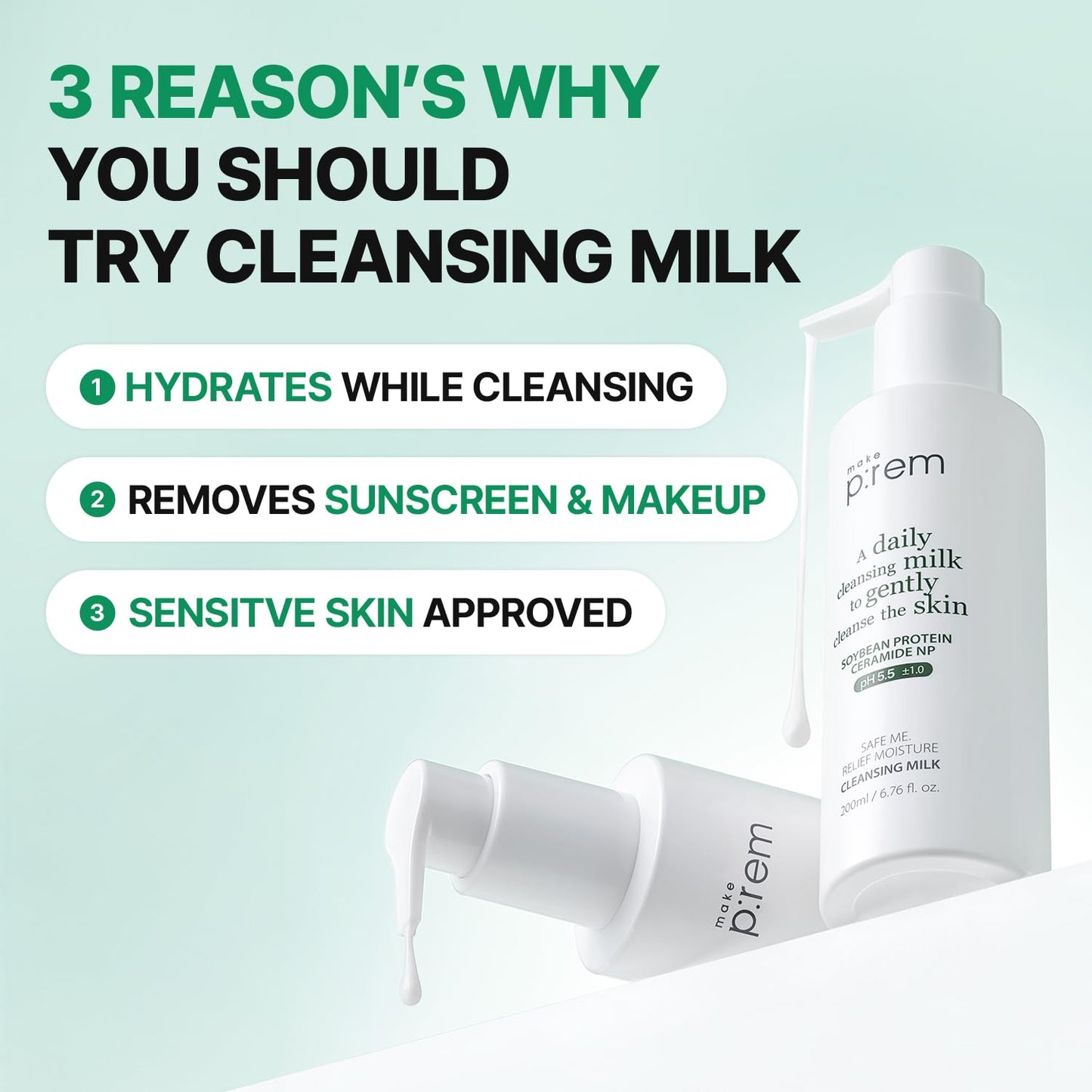 MAKE P:REM Safe Me. Relief Moisture Cleansing Milk, Hydrating Gentle Face Wash for Sensitive Skin with Soy Protein, Korean Milky Cleanser, Korean Skin Care, 6.76 Fl.Oz, 200ml-FemmiqueWomen