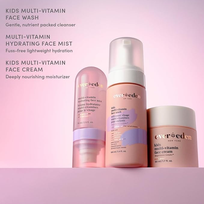 Evereden Kids Multi-Vitamin Hydrating Face Mist | Nourishing Face Spray, Preppy Skincare Essential for Ages 6+ | Clean Formula Safe for Sensitive Skin | Multi-Vitamin Complex, Peach & Mango Juice-FemmiqueWomen