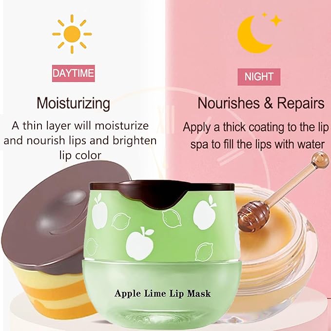 1PCS Lip Balm Honey Pot,Honey/Apple Lime Lip Mask Overnight Moisturizing Lip Balm,Hydrating Prevention Dry & Cracked Lip Exfoliator Lip Wrinkle Care Sleeping Lip Mask (Apple Lime)-FemmiqueWomen