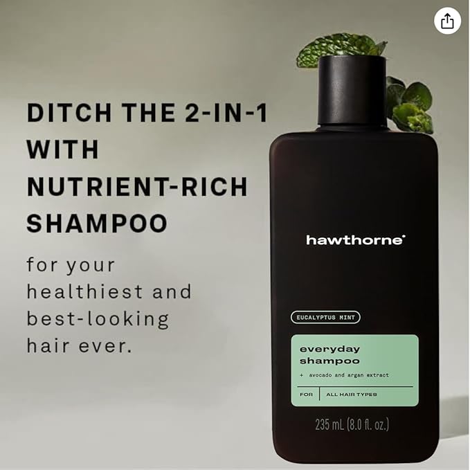 Hawthorne Men's Everyday Shampoo. For Stronger, Healthier Hair with Pure Avocado Oil and Coconut Oil. Mint and Eucalyptus Scent. Natural, Sulfate Free, Paraben Free. 8 fl. oz. 2-Pack.-FemmiqueWomen