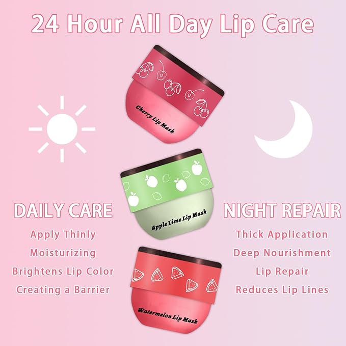 3 Pcs Bee Lip Balm Honey Pot, Cherry Watermelon Apple Lip Mask Overnight, Moisturizing Lip Sleeping Mask, Hydrate Repair Prevent Dry Cracked Lip Exfoliator Lip Care (Cherry+Watermelon+Apple Lime)-FemmiqueWomen