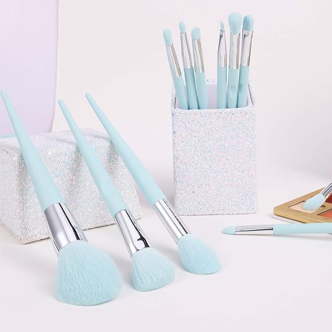 DUcare Makeup Brushes with Holder - 10Pcs Professional Synthetic Make Up Brushes Set for Blush Concealer Foundation Bronzer Powder Eyebrow Contour Eyeshadow Blending Makeup Brush Set, Ice Lake Blue-FemmiqueWomen