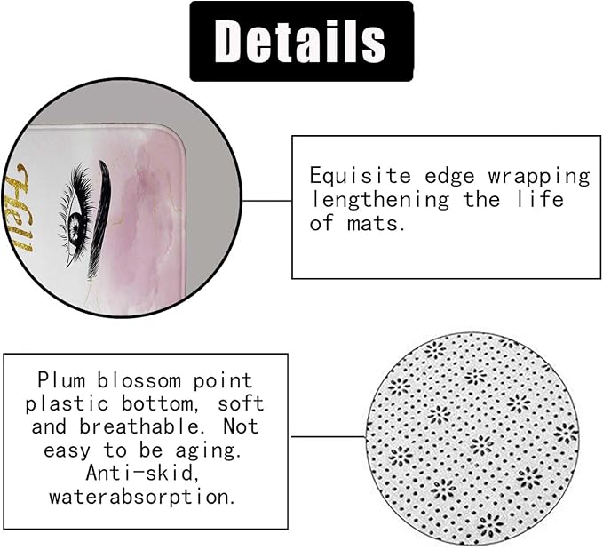 4PCS Hello Gorgeous Eyelash Shower Curtain Set, Gold Glitter Quotes Black Eyebrow Makeup Pink Marble Glam Modern Fashion Girly Women Bathroom Decor, Non-slip Bath Mat Toilet Rug, Charming Eyes-FemmiqueWomen