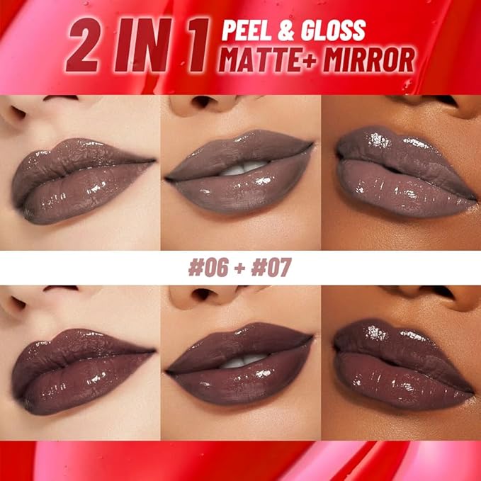 2Pcs Liquid Lip Stain Peel Off Lip liner and Lip oil with Tweezer, Dual-Ended Peel Off Lip Stain Tattoo, Highly Pigmented Long Lasting Waterproof, Transfer-proof for All Skin Types, 06#+07#-FemmiqueWomen