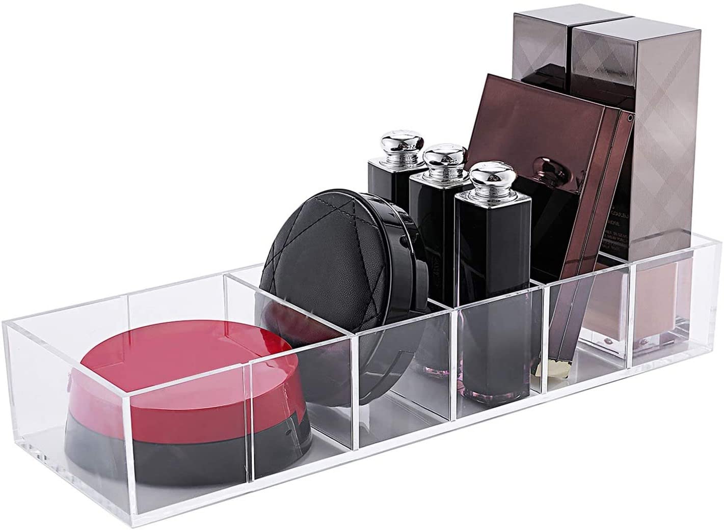 Acrylic Makeup Organizer Cosmetic Storage Makeup Display Case Lipstick Holder Dispenser Adjustable Canister Bathroom Container (10 x 3.4 x 1.9 inches, 6 Partitions, Transparent)-FemmiqueWomen