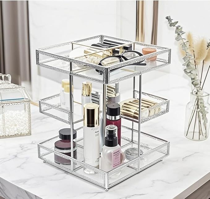 Hersoo 360 Degree Rotation Cosmetic Organizer -Premium Makeup Storage with Spin Base,Antique Countertop Cosmetic Storage,Large Capacity,Beauty Display for Countertop,Vanity or Bathroom (silver)-FemmiqueWomen