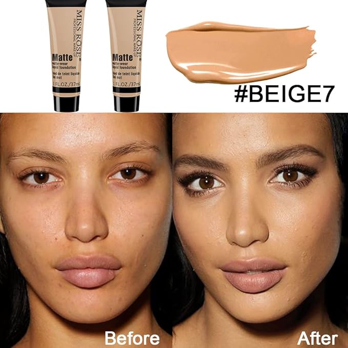2 Pack Liquid Foundation Cream for Face Makeup,Durable Full Coverage Matte Concealer Make Up,Oil Control & Waterproof Base Primer -1+1 Fl.Oz (BEIGE 7#)-FemmiqueWomen