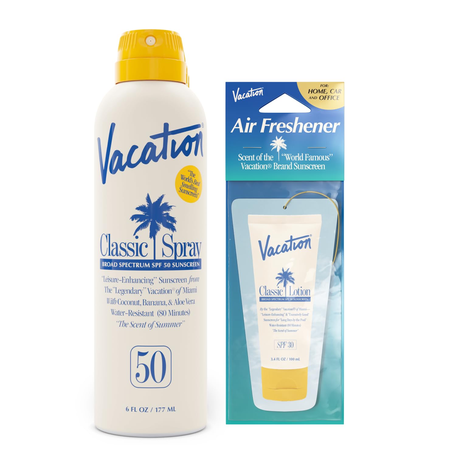 Vacation Classic Sunscreen Spray SPF 50 & Air Freshener Bundle, Water-Resistant, Lightweight, Transparent on All Skin Tones, Dermatologist-Tested, Vegan, 6 Fl. Oz.-FemmiqueWomen